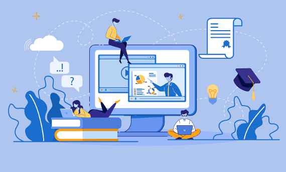 Online Education, E-Learning, E-Library via Digital Device. Educational Application, Video Tutorials. Cartoon Students Use Laptop and Wi-Fi. Electronic Graduation Certificate. Vector Flat illustration